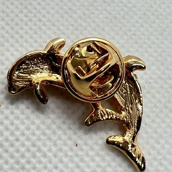 Gold Tone Dolphin Pair Clear Rhinestone Lapel Pin Green Red Rhinestone Eyes - Picture 3 of 7